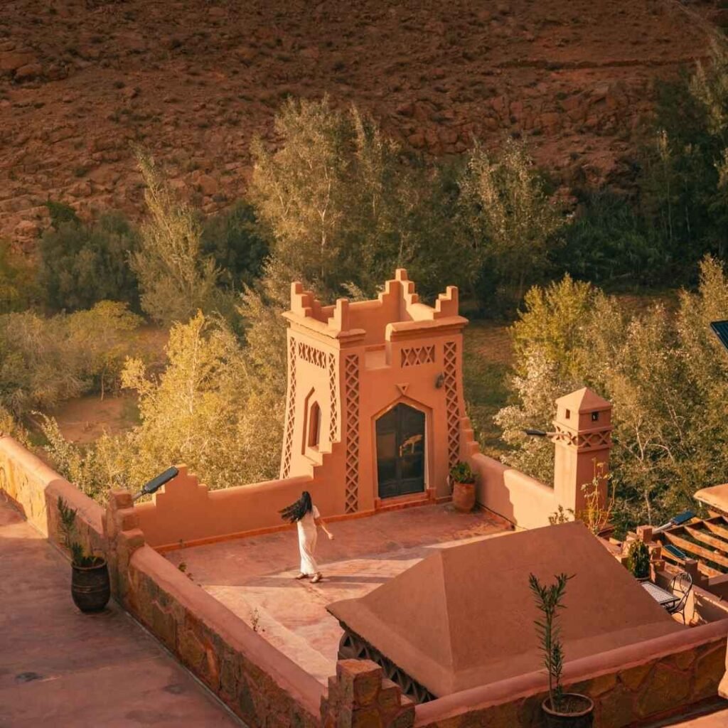 Peaceful rooftop views from a traditional kasbah on a 5 Days Tour from Marrakech to Fes.