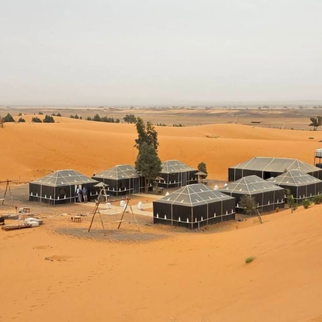 Aerial view of desert camp during 4 Days Tour from Marrakech to Merzouga