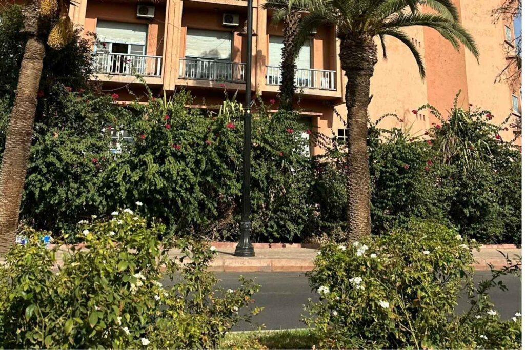 Modern hotel building with palm trees in Gueliz, one of the best areas to stay in Marrakech
