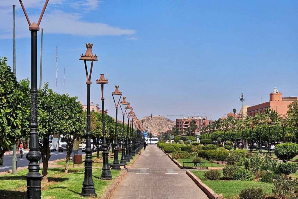 Wide boulevard with royal-style lampposts in Hivernage, one of the best areas to stay in Marrakech